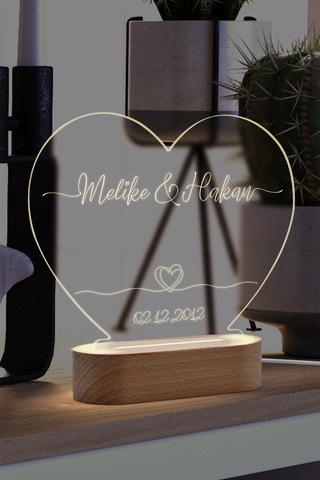 Çiftler İçin Çift Kalp Sembollü Led Gece Lambası Masif Ahşap Tabanlı Usb Kablolu Pleksi Led Gece Lambası