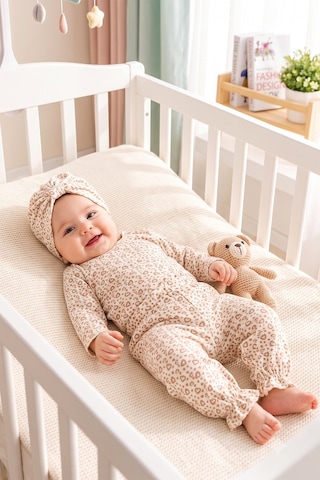 Babymod Kalp Desenli Natürel 3 'lü Pamuklu Kız Bebek Takım Ekru