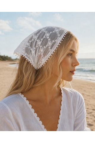 Haki Store Dantel Bandana Beyaz Çiçek Desenli Transparan Bel Bandanası Saç Ve Bel Aksesuarı