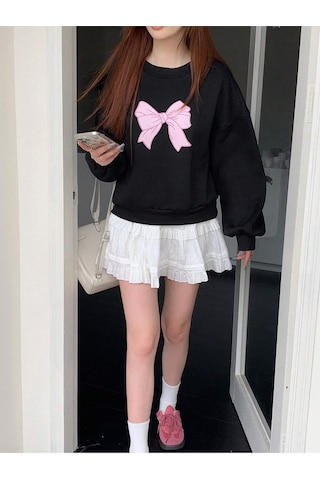 Startmore Block Bow Print Crew Neck Long Sleeve Black Sweatshirt,fall Clothes Çok Renkli