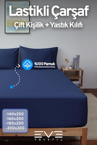 Eve Tekstil Pamuklu Çift Kişilik Rainforce Kumaş Lastikli Çarşaf Ve Yastık Kılıfı Set Lacivert
