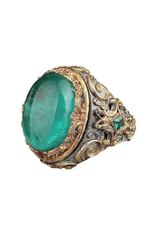 Paraiba Yapay Taşlı Gümüş Yüzük, Rodaj Kaplama Gümüş Yüzük, 925 Ayar Gümüş Yüzük, Stacking Yüzük, Yeşil Gümüş