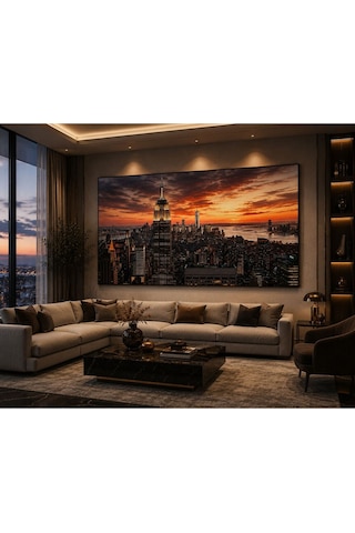 New York Gün Batımı Şehir Manzaralı Kanvas Tablo Premium Modern Duvar Dekoru Ofis, Yönetici Odası, Salon Ve Çalışma Alanları İçin Lüks Dekoratif Tablo