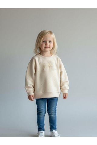 Zekids Kız Bebek Pamuklu Taşlı Fiyonk Detaylı Oversize Tasarım Sweatshirt-16558 Krem