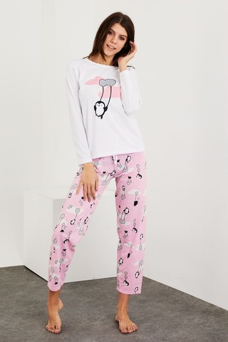 Gimer - Baskılı Uzun Kol Pijama Takım - Ece3702G Beyaz