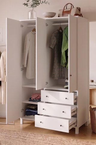 Robin Home Lena Geniş Gardırop Elbise Dolabı 52cm Derinlik 3 Kapaklı 2 Çekmeceli Ahşap Ayaklı Genç Ve Çocuk Odası Beyaz