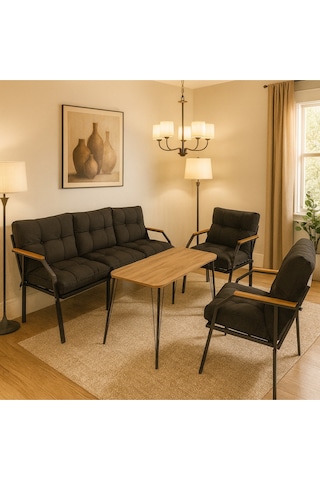Ard & Garden Milas 311 Masalı Siyah Fermuarlı Bahçe Balkon Takımı, Cafe, Salon - Metal Kanepe Koltuk Takımı Siyah