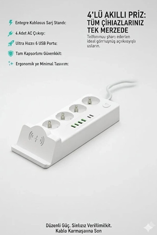 Akım Korumalı Priz Ve Masaüstü Şarj İstasyonu Kablosuz 4 Priz,4 Usb, 2 Type-c Girişli 2 Metre Standart