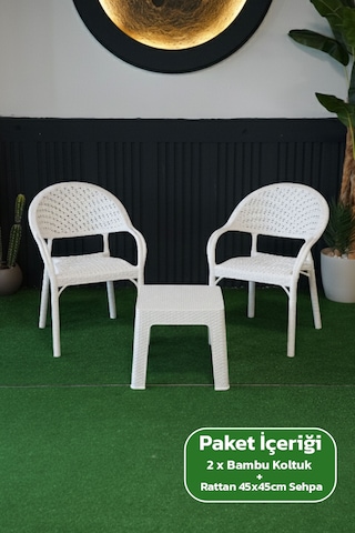 Bambu Rattan Görünümlü Sehpalı Set 2 Adet Koltuk + 45 Cm Sehpalı Sandalye Seti Beyaz