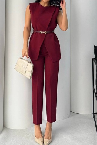 Neşeli Butik Kadın Bordo Kemer Detaylı Yelek Pantolon İkili Takım Nbstr4061