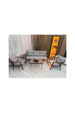 Balkon, Bahçe - Metal Kanepe Koltuk Takımı 3+1+1 + 2 Adet Puf + Sehpa