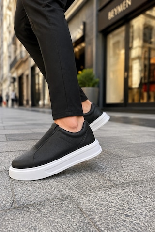 Mevese Torino Erkek Bağcıksız Cilt Günlük Sneaker Ayakkabı Ortopedik Kalın Taban Siyah