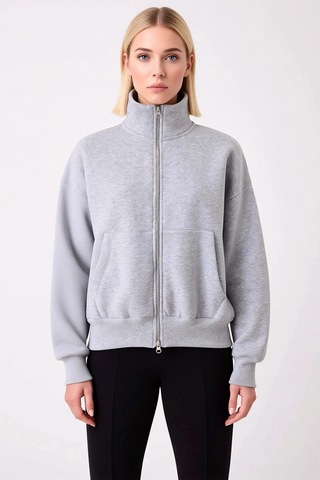Benerly Kadın Dik Yaka Düşük Kol Fermuarlı Geniş Kalıp Sweatshirt Fonksiy Gri Melanj