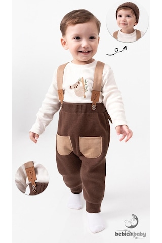 Tiwitibaby Triko Çapraz Askılı Salopet Koala Figürlü Esnek Kaşkorse Badi Bereli Unisex Bebek Takım Kahve