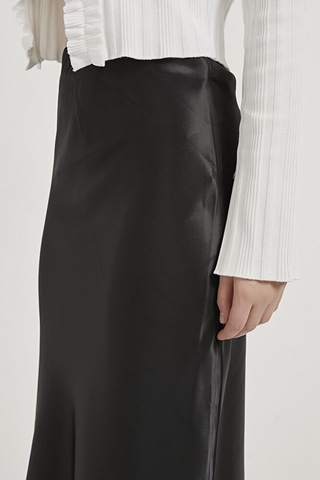 Kadın Beli Lastikli Likralı Midi Boy Parlak Saten Etek Siyah