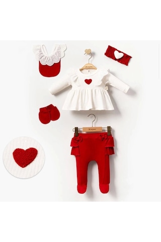 Kalp Baskılı Kutulu 5 Parça Hastane Çıkışı Seti %100 Pamuk Kırmızı