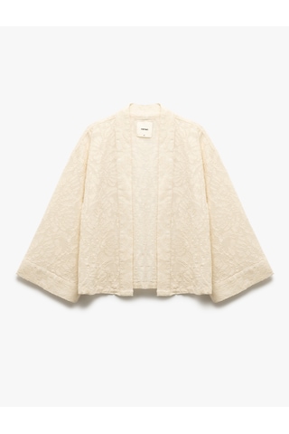 Koton Pamuklu Uzun Geniş Kollu Floral Dokulu Nakışlı Kısa Kimono Ceket Ekru 5sak50033pw Ekru