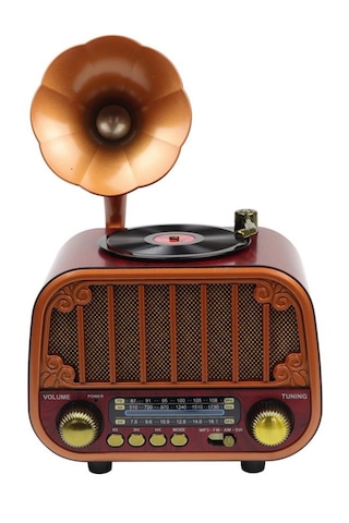 Dexxony Md-1318 Ahşap Tasarım Nostaljik Radyo - Gramofon Dekorlu Şarjlı Bluetooth Hoparlör Seti