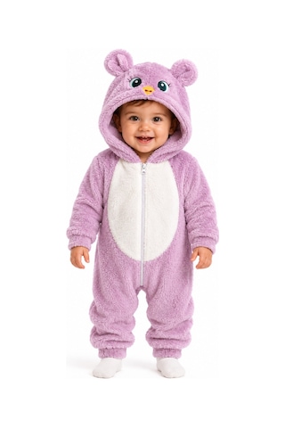 Chicsy Baby Tatlı Kız Bebek Welsoft Tulum Kuş Civciv Nakışlı Kulaklı Kapüşonlu Fermuarlı Peluş Kışlık Bebek Tulumu Lila