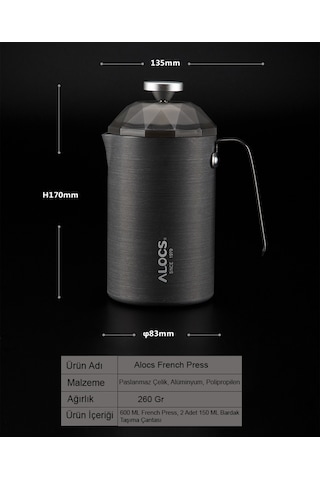 Alocs Paslanmaz Çelik French Press 600 Ml Gri