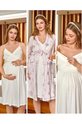 Cossy By Aqua 24525-526 Saten Sabahlıklı İp Askılı Hamile Lohusa Gecelik Sabahlık Takım