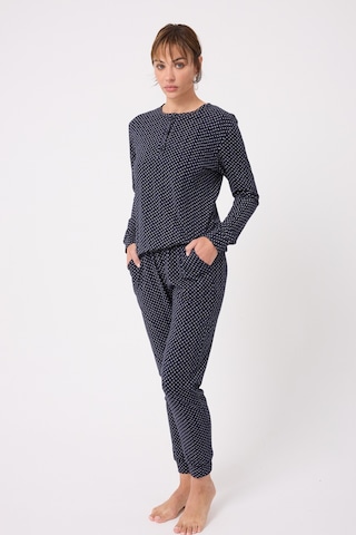 Lespadon Ocean Rıpple Premium Örme Pamuk Uzun Kollu Henley & Uzun Pantolonlu Kadın Pijama Takımı-3233 Lacıvert