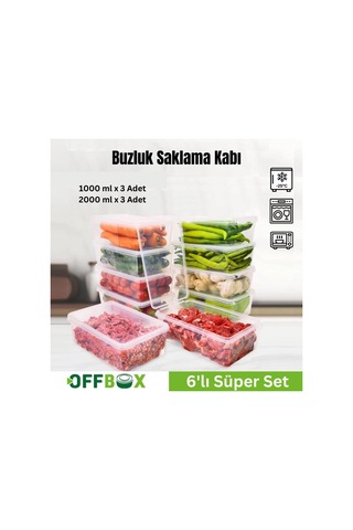 Offbox Buzluk Sebze Bakliyat Et Gıda Saklama Kabı - 2 Çeşit - 6 Adet Şeffaf
