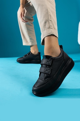 Shoetek Vicenta Kadın Sneakers Bantlı Spor Ayakkabı Siyah Deri Siyah