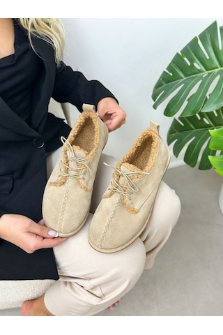 Erva'nın Butiği Bej Hakiki Deri Sorry İçi Peluş Bağcıklı Kadın Ayakkabı-6394