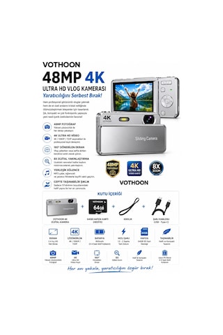 Dijital Kamera 4k Hd 48mp 8x Zoom Flaşlı Kayar Retro Video Kamera 2.4 Ekran 64gb Sd Kart Hediyeli Gümüş