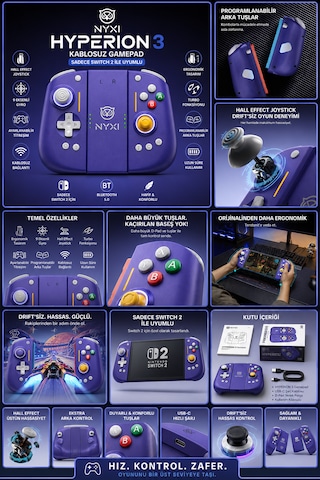 Nyxi Hyperion 3 Mor Joypad Switch 2 Hall Effect Drift Yapmayan Joystick Kablosuz Oyun Kolu Joy-con