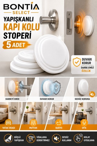 Yapışkanlı Kapı Kolu Stoperi 5 Adet Beyaz Silikon Duvar Koruyucu Tampon Darbe Emici Kapı Stopu