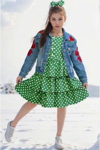 Riccotarz Kız Çocuk Çiçek Baskılı Kot Ceket Puantiyeli Kat Kat Piliseli Yeşil Elbise Yeşil