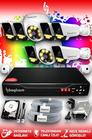 Bayicam 8 Kameralı Süper 2 İç Kamera Set 500 GB 5 MP 2K Renkli Gece Görüşlü Güvenlik Kamerası Sistemi