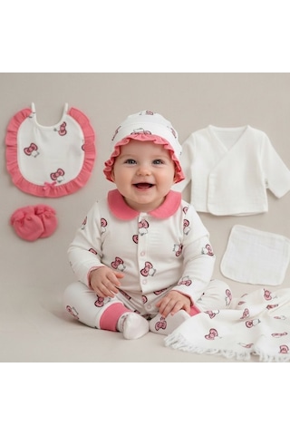 Milays Kız Bebek Hello Kitty Figürlü Müslin Kumaş Yenidoğan 10 Parça Hastane Çıkışı Zıbın Seti Kırmızı