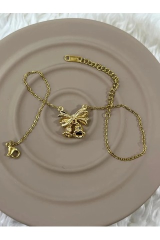 Premium Gold Renk 316l Çelik Gold Renkli İnce Zincirli Fiyonk Detaylı Halhal 25 Cm Altın