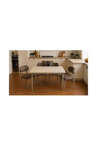 Efe Mobilya T-6001 Traverten 70x120 Mdf Polo Kahverengi Sandalye 4 Kişilik Yemek Masası Takımı