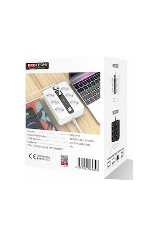 3000w Akım Korumalı 4 Usb'li Ve 2 Type-c Li 6'lı Grup Priz 2 M Uzatma Kablosu Beyaz 2 M