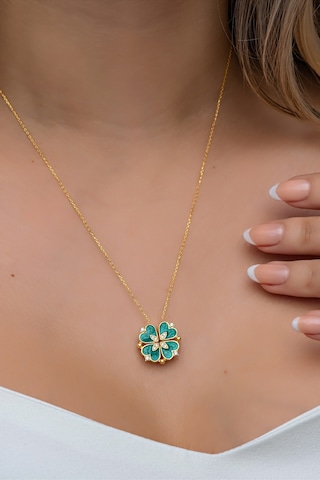 Nereze 925 Ayar Gümüş Mıknatıslı Ayrılabilir Gold Yeşil Mineli 4 Kalpli Yonca Kolye