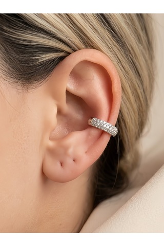 Minimal Işıltılı Zirkon Taşlı Kıkırdak Cuff Gümüş Renk Küpe Silver