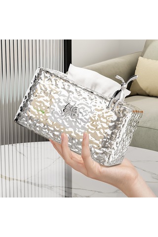 Reedark Krem Beyaz Tavşanlı Bowlıklı Cam Gibi Şeffaf Buz Desenli Masaüstü Havlu Kutusu - Oturma Odası Çay Masası Plastik Saklama Kutusu