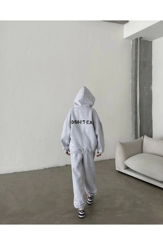 Defymoda Nakış İşlemeli Üç İplik Sweat Takım- Gri Gri