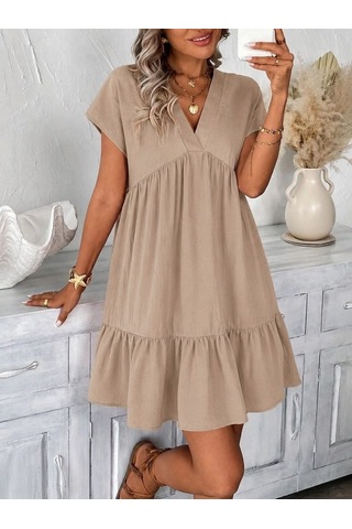 Butik İstanbul Kadın Kısa Kollu V Yakalı Fırfırlı Kısa Elbise Bej