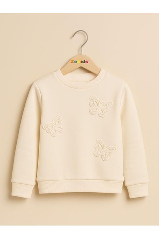 Kız Çocuk Kelebek Desenli Sweatshirt-16229 Beyaz