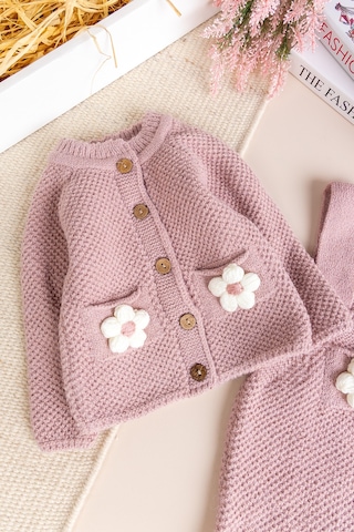 Babymod Yumuşak Dokulu Triko Hırkalı Kız Bebek Örgü Salopet Tulum Set Gülkurusu
