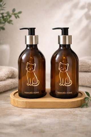 Buççin Online Mağaza Amber Cam Sabunluk Seti 2 Li Bambu Standlı Mutfak Deterjanlık Ve Banyo El Sabunluğu 500 Ml Cam Kah Çok Renkli