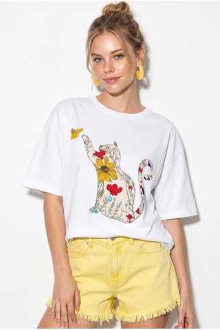 Shade Kadın Bisiklet Yaka Kedi Baskılı Oversize %100 Pamuk T-shirt Öt100006 60286274 - Beyaz