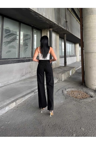 Shevega Kadın Siyah Çift Diz Lazer Yirtik Yüksek Bel Bol Paça Jeans Pantolon Siyah