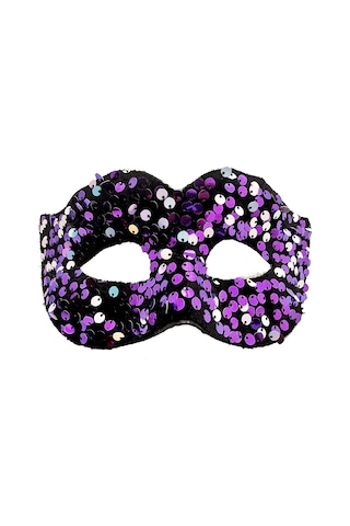 Mor Renk Arkadan Lastikli Pul Payet İşlemeli Balo After Parti Maskesi