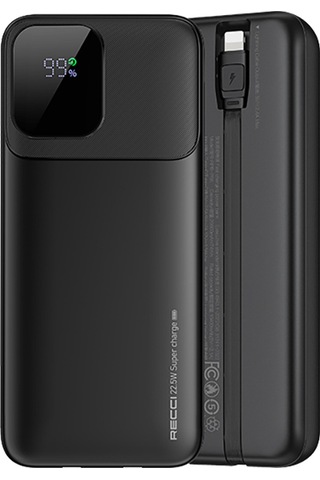 Recci Rpb-p68 Pd 20w Dijital Gösterge Type-c Ve Lightning Kablolu Powerbank 22.5w 20000mah Siyah Siyah